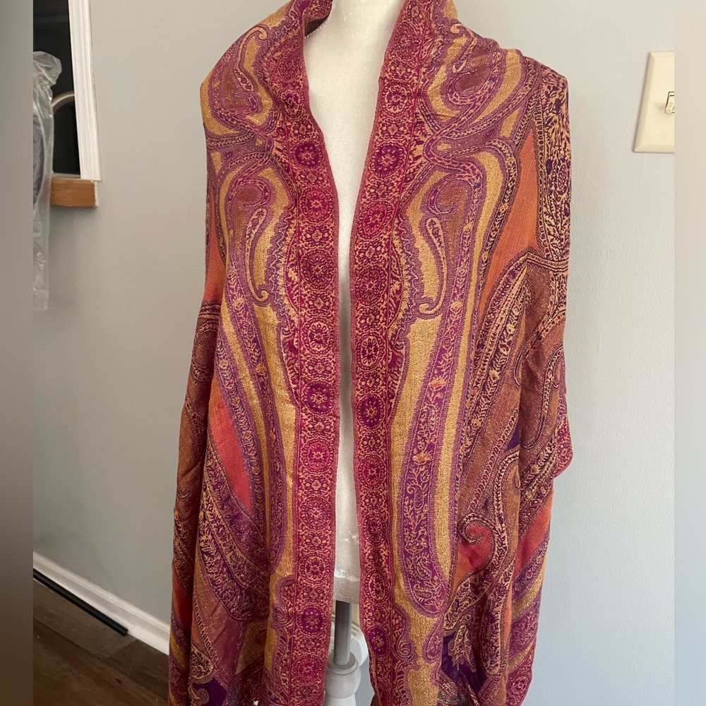 Large wrap/scarf. Purple, orange and gold with gold metallic thread. 23” x 78”